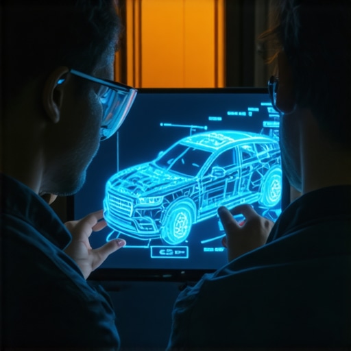 AR-Assisted Vehicle Diagnostics Technician utilizing augmented reality glasses with holographic car engine overlays for advanced diagnostics.