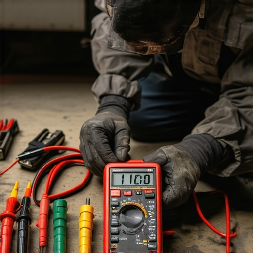 Advanced Auto Ground Testing Equipment Auto technician using digital multimeter and Kelvin clips to test vehicle ground wires in a workshop.