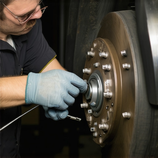 Advanced Brake Diagnostic in Action Mechanic performing ultrasonic testing on a vehicle's brake rotor in a well-equipped workshop.