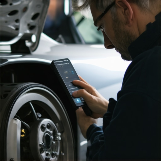 Advanced Brake Diagnostics Equipment in Use Technician performing digital brake system calibration with specialized tools
