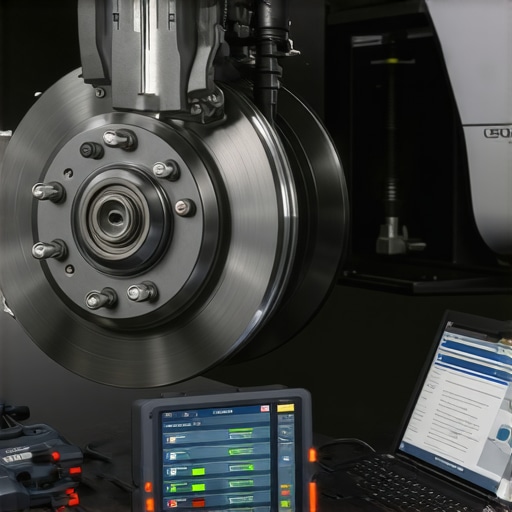 Technician inspecting high-tech brake components with digital tools.