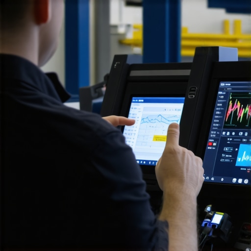 Technician analyzing sensor data on digital display during vehicle inspection