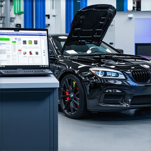 Technician calibrating vehicle engine sensors with digital diagnostic tools in a professional garage.