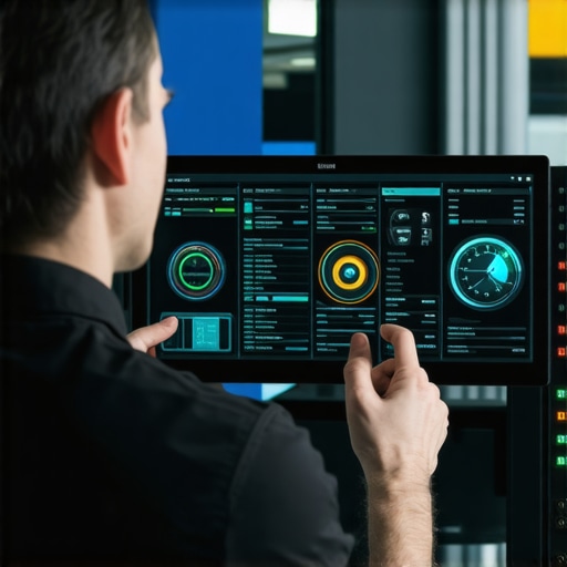 Advanced Vehicle Diagnostic Interface Technician viewing digital sensor data dashboard in an automotive repair shop.