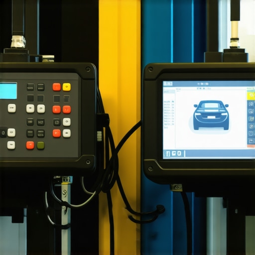 Advanced Vehicle Diagnostic Technology Modern automotive diagnostic tools analyzing sensor data in a repair workshop
