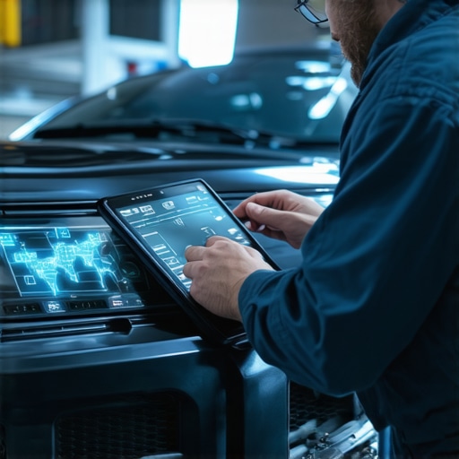 Technician using diagnostic tablet connected to modern vehicle's ECU showing data analysis interfaces