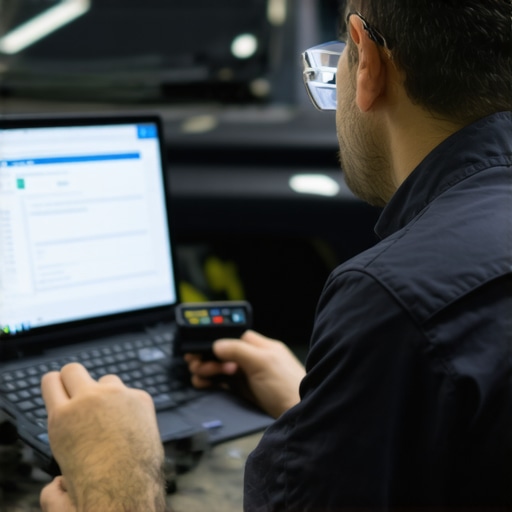 Technician calibrating brake sensors with advanced diagnostic tools in an automotive workshop