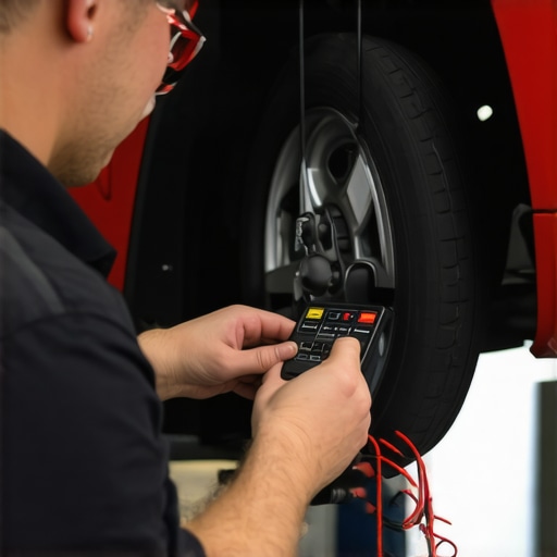 Calibrating Electronic Brake Calipers in a Modern Garage Mechanic performing calibration on electronic brake calipers with diagnostic equipment.
