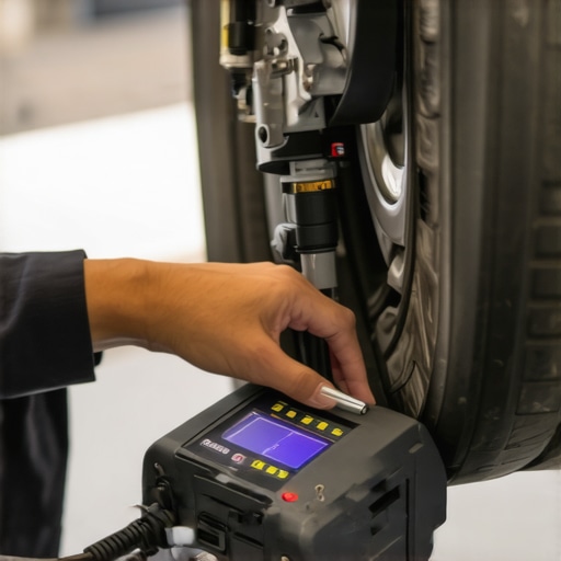 Technician adjusting an electronic brake caliper with digital diagnostic equipment.