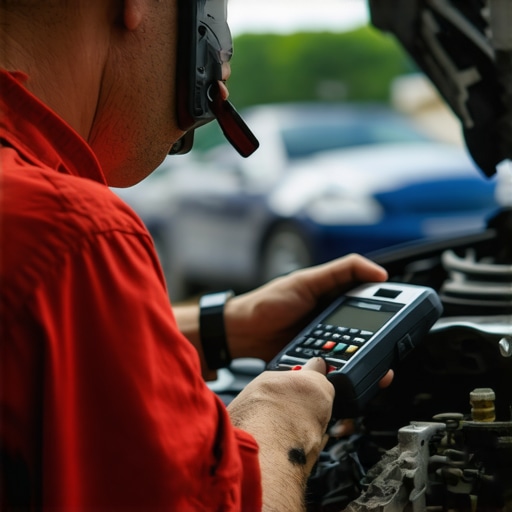 Mechanic inspecting brake sensors with digital diagnostic equipment