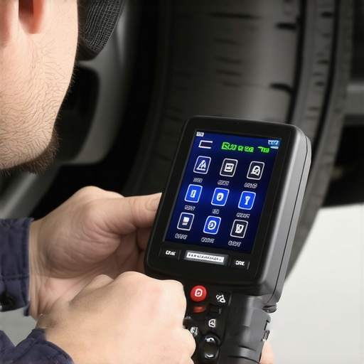 Technician performing precise digital calibration on automotive brake sensors