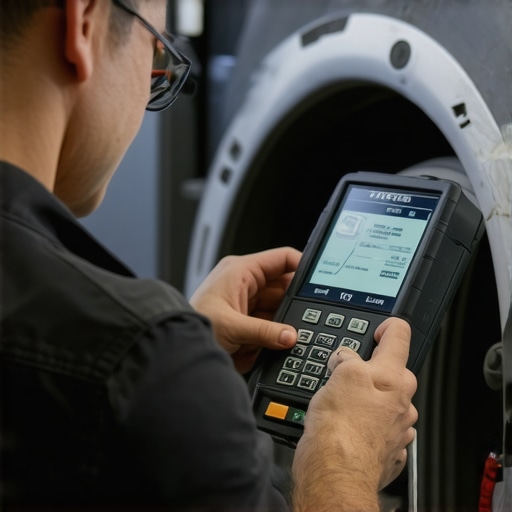 Technician performing digital diagnostics on a vehicle's brake system