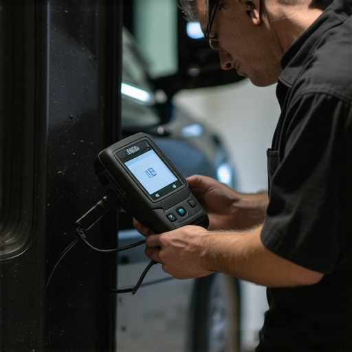 Digital Diagnostic Scanner in Action Mechanic performing advanced diagnostics on a modern vehicle with a digital scanner.