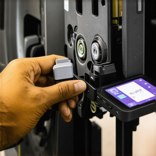 Technician verifying genuine brake component using scanning device.