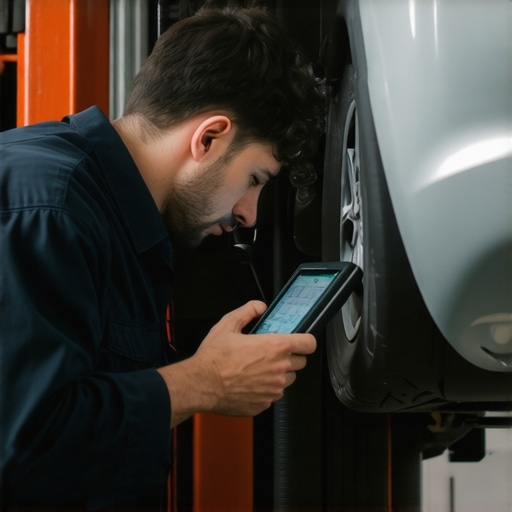Expert Brake System Diagnostics Mechanic calibrating electronic brake sensors with digital equipment.
