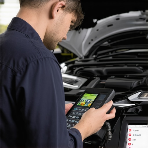 Expert calibrating hybrid regenerative braking system Technician adjusting regenerative braking calibration with diagnostic tool