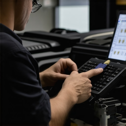 High-Tech Auto Diagnostics in Action Automotive technician performing electronic system diagnostics with a tablet and specialized equipment.