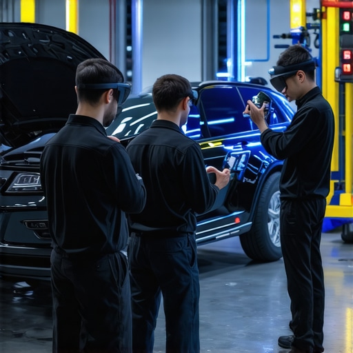 High-Tech Auto Repair Environment Technicians utilizing augmented reality and digital diagnostics in a modern auto repair shop