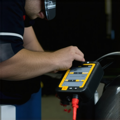 Automotive technician using advanced digital tools for precise brake system calibration.