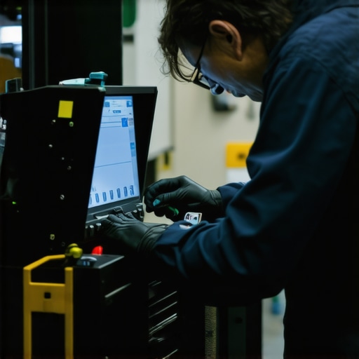 A mechanic performing precise brake calibration with laser tools and digital diagnostics in a futuristic workshop.