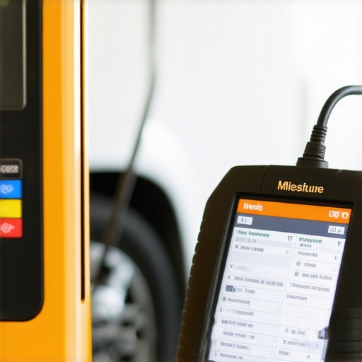 High-Tech Brake Calibration Diagnostic scanner connected to vehicle's electronic brake sensors for calibration.