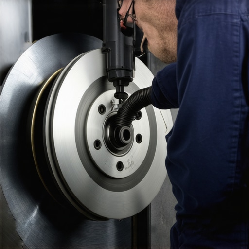 High-Tech Brake Diagnostics in Action Technician performing ultrasonic testing on a vehicle's brake rotor with advanced equipment.
