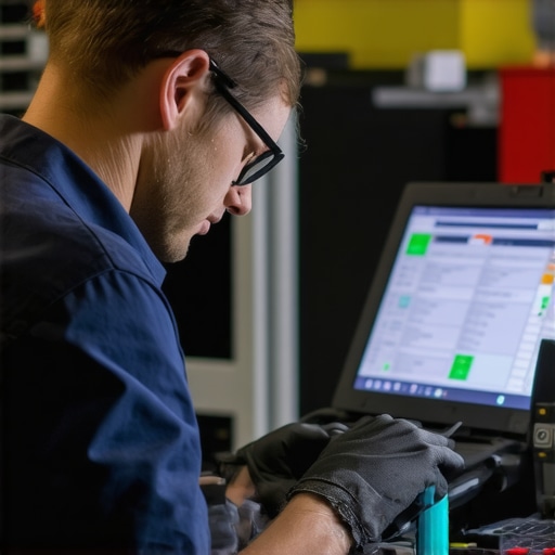 Technician calibrating vehicle brakes with digital diagnostics and laser alignment tools.