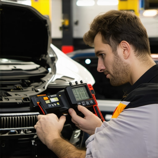 Mechanic using digital diagnostics tools on a vehicle's brake system