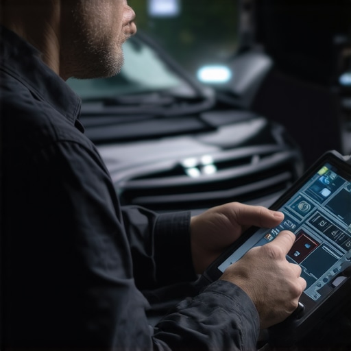 Hybrid Engine Calibration Expert Technician performing calibration on hybrid vehicle engine using advanced diagnostic equipment.