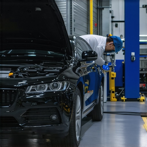 Technicians using advanced diagnostic tools in an automotive repair shop