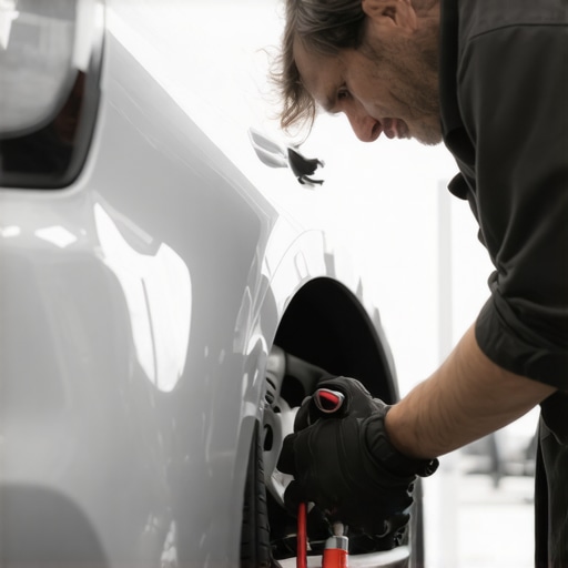 Technician inspecting brake components with advanced diagnostic equipment in a professional auto repair workshop.