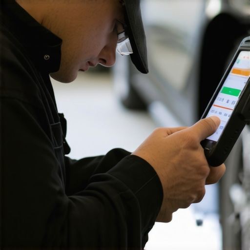 Technician performing copper analysis with handheld device in auto workshop.