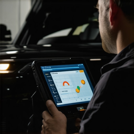Technician operating an advanced diagnostic tablet connected to a vehicle's electronic modules, showcasing data analysis and firmware inspection.