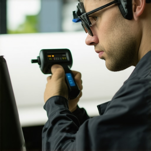 Precision Brake Calibration in Modern Auto Repair Technician calibrating brake system with digital tools and thermal camera