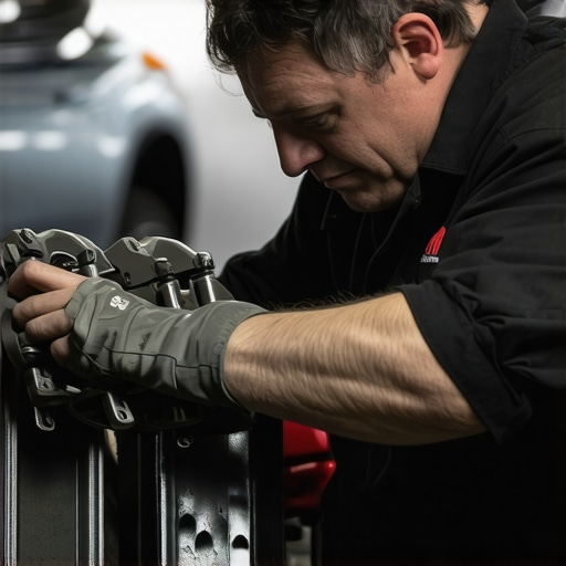 Mechanic examining brake calipers with specialized tools in a clean workshop.