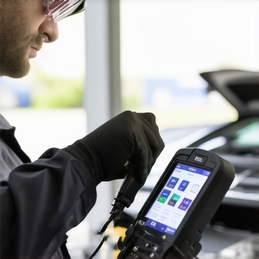 Automotive technician performing viscosity sensor calibration using high-tech diagnostic equipment