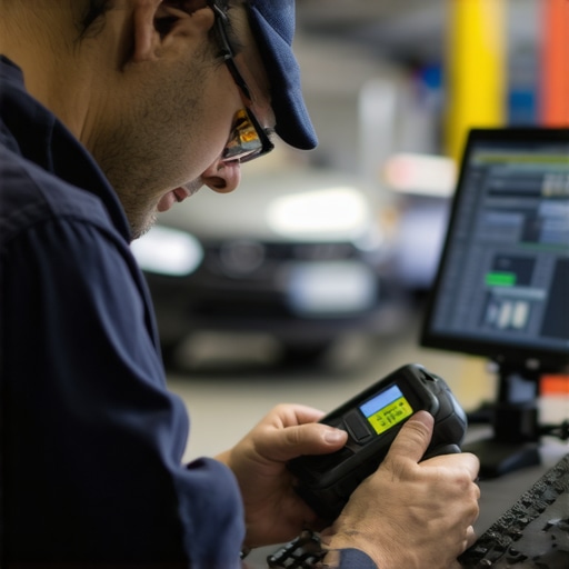 Technicians working with digital diagnostic tools on modern vehicles in a professional repair shop.