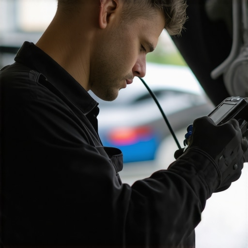 Tech-savvy Mechanic Diagnosing an Electric Vehicle Mechanic working with digital diagnostic equipment on electric vehicle in workshop.