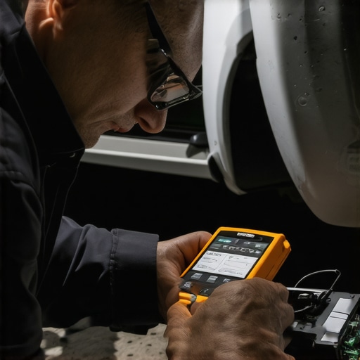 Technician calibrating vehicle sensors with diagnostic tools A professional technician performing micro-calibration on a car's brake system using advanced diagnostics.