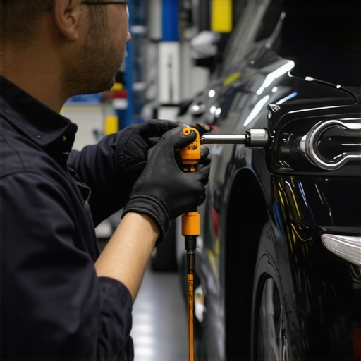 Ultrasonic Leak Detector in Auto Repair Technician using ultrasonic leak detector to identify injector seal micro-leaks in vehicle engine