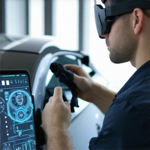 Technician wearing augmented reality glasses calibrating vehicle sensors with digital guidance