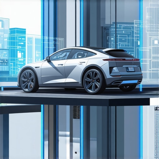 Technicians using augmented reality and robotic tools for vehicle maintenance in a modern workshop