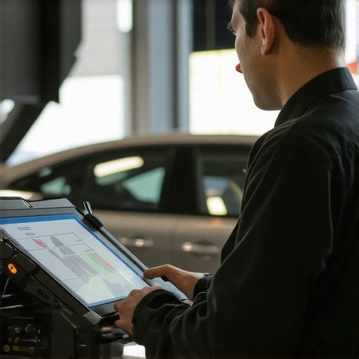 Mechanic using cutting-edge diagnostic tools on a vehicle in a professional garage