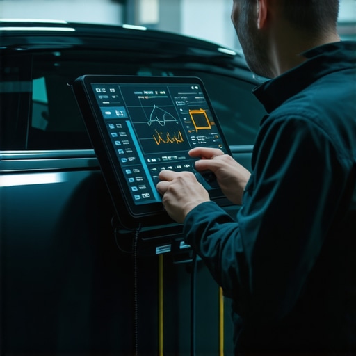Technician analyzing complex vehicle ECU data with a modern diagnostic tool.