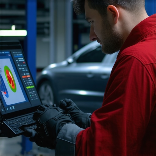 Technician inspecting brake sensors with high-tech diagnostic equipment in a vehicle repair shop.