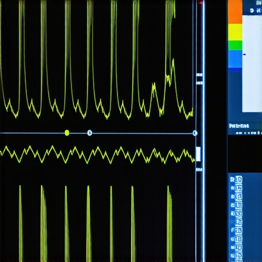 Technician analyzing brake sensor signals with oscilloscope in modern auto repair shop