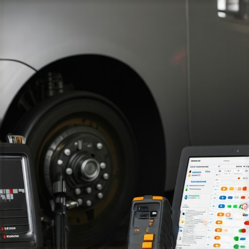 Mechanic using digital tools to calibrate modern brake system sensors
