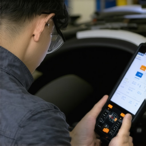 Technician examining brake system data using an AI-powered diagnostic device