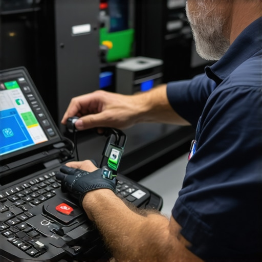 Technician using diagnostic equipment to calibrate vehicle brake sensors