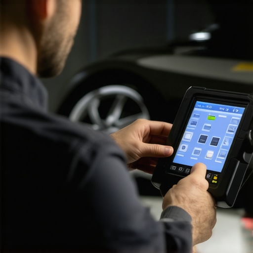 Technician analyzing vehicle brake system using digital diagnostic equipment